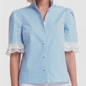 H by Halston pearl buttoned lace trim blouse